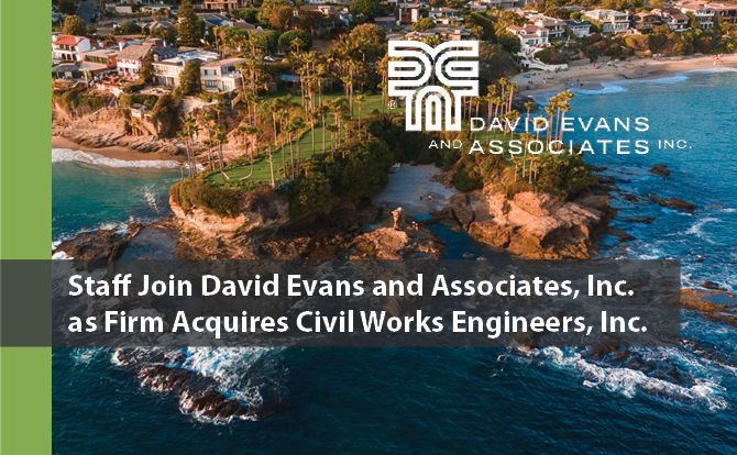 A photo of Costa Mesa with text that reads "Staff Join David Evans and Associates, Inc. as Firm Acquires Civil Works Engineers, Inc."