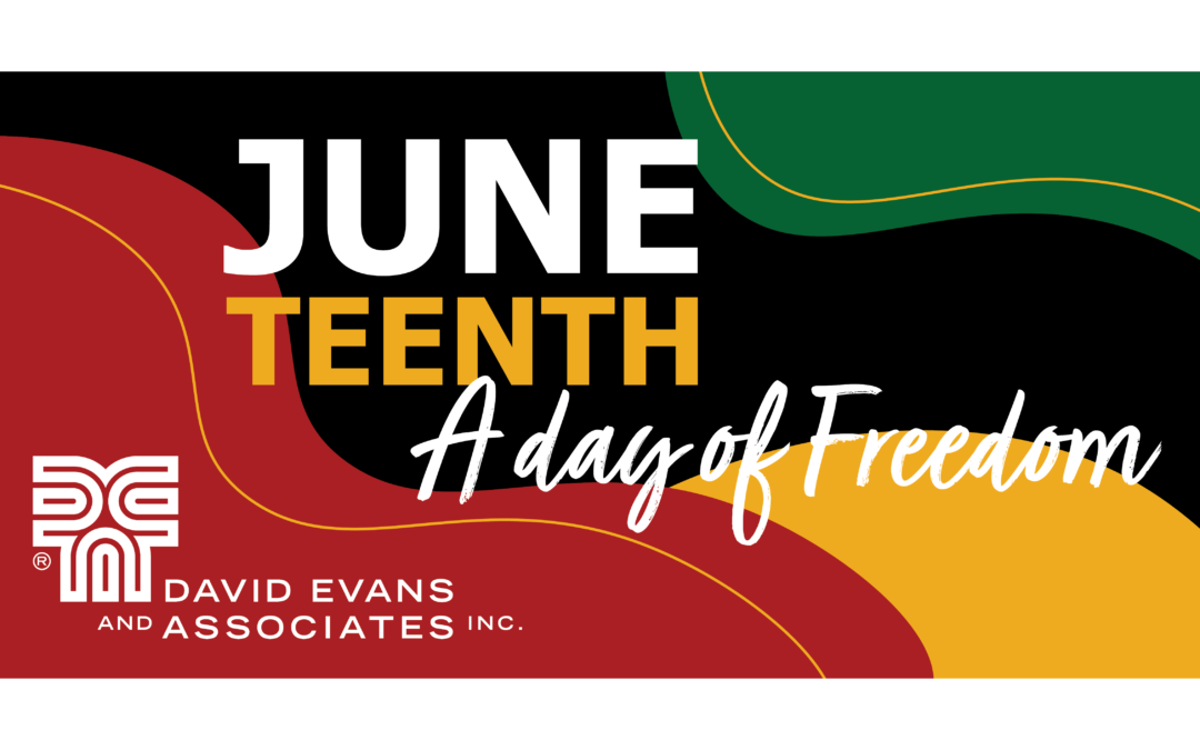 Red, yellow, black, and green graphic with the text "Juneteenth A Day of Freedom"