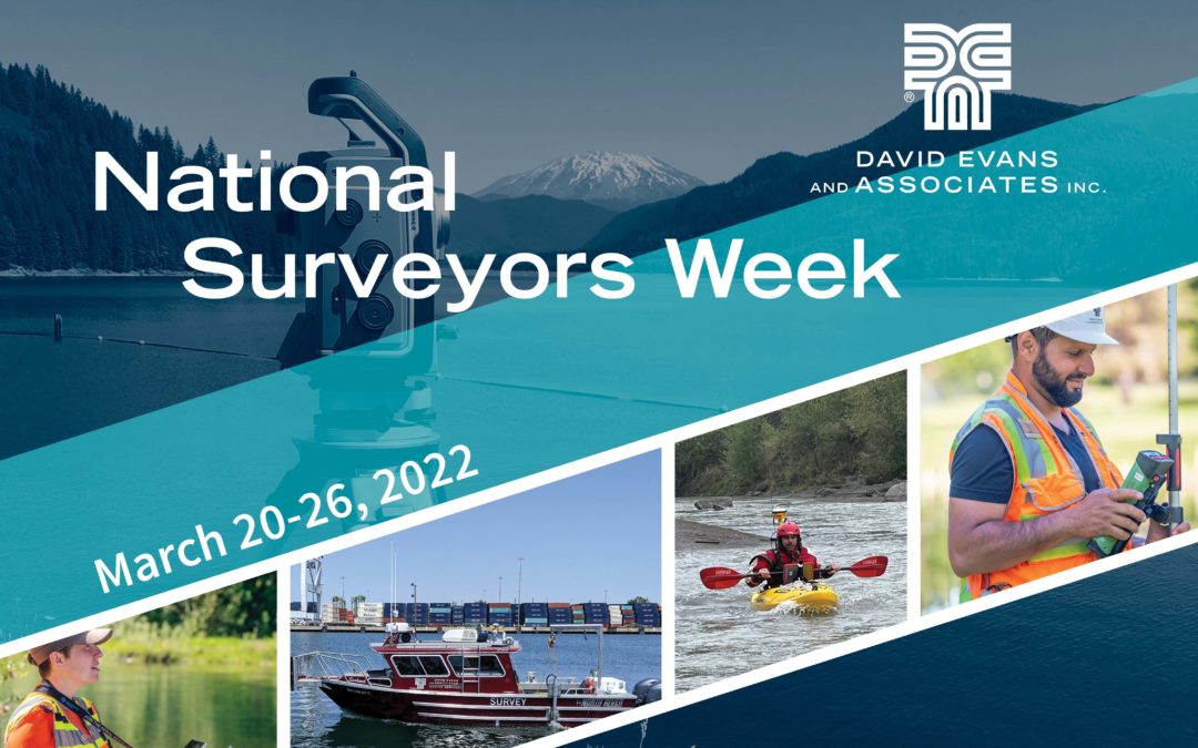 Graphic with survey photos including a photo of a boat, kayak, and man using survey instruments