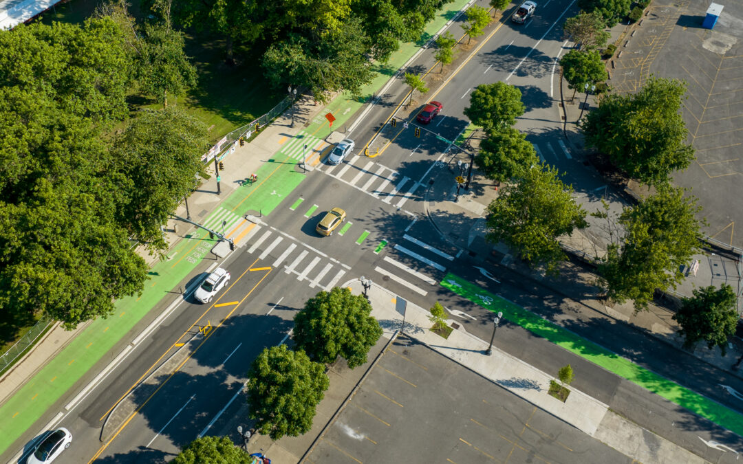 Drone photo of the Better Naito project. Featuring trees, a shared use path, and intersection improvements