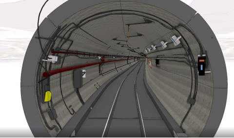 Realistic rendering of a transit tunnel with tracks and a round opening