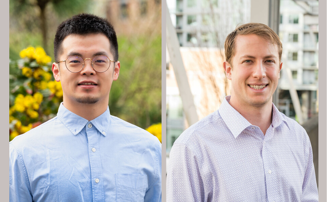 Two headshots of men. The right headshot is a man with glasses, black hair, and blue shirt in front of yellow flowers. The second headshot is a blonde man with a blue patterned shirt in front of a high rise building.