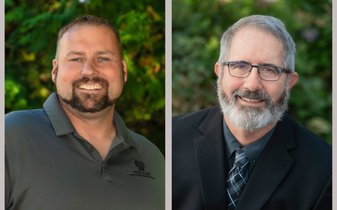 Two headshots of men in front of natural foliage.